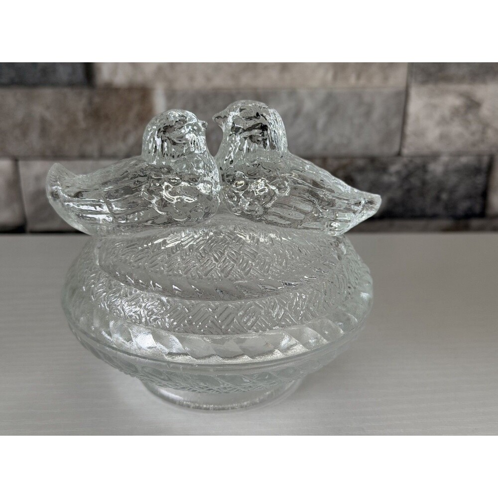Vintage Small Nesting Birds Clear Glass Lidded Candy Trinket Dish
